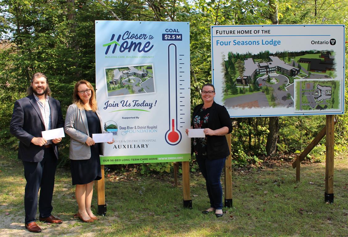 Pictured here is the DRDH Executive Team making a combined pledge of $25,000 to the Closer to Home Campaign. From left to right is William Willard, VP of Operations & CFO, Janna Hotson, President & CEO, and Tabitha Kearney, VP of Clinical Services & CNE.